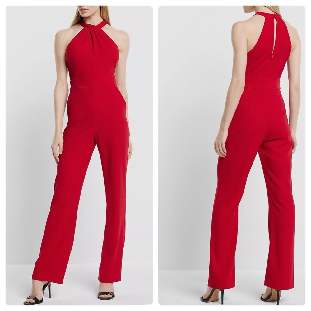 EXPRESS RED TWIST NECK FLARE LEG JUMPSUIT W/ POCKETS 10